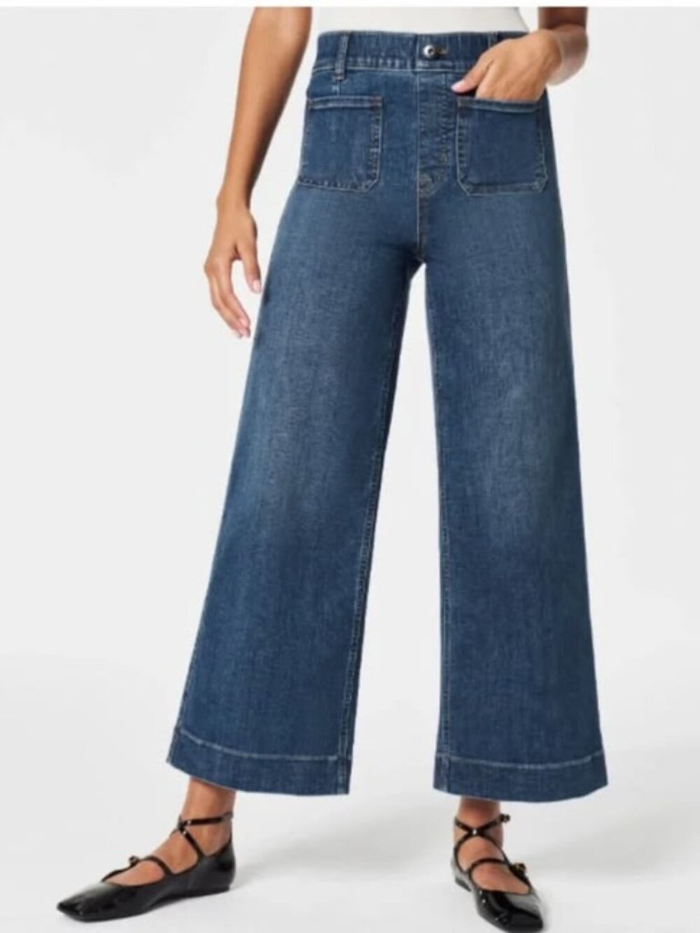 SPANX Women's EveryWear Cropped Wide Leg Jeans with Patch Pockets in Blue Medium